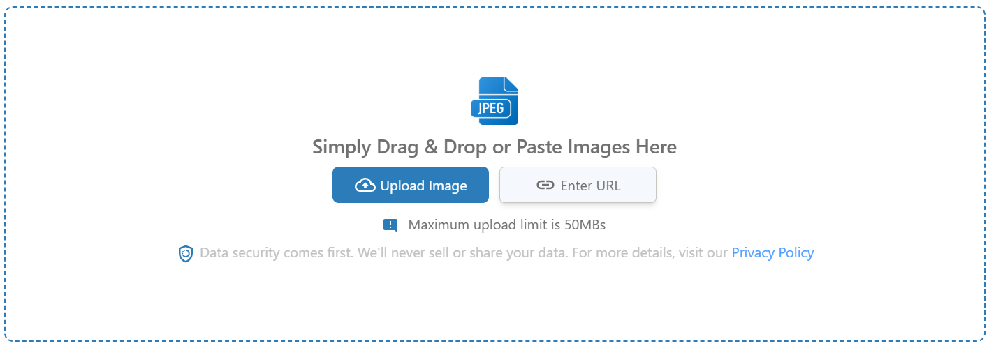 JPEG compressor upload area with a JPEG file icon, 'Simply Drag & Drop or Paste Images Here' text, and buttons to Upload Image or Enter URL, noting a 50MB maximum upload limit.