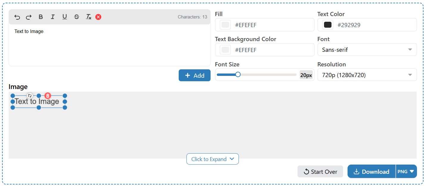 Here's alt text for that image: Short version: "Text to image tool interface with a text editor showing 'Text to Image', formatting options, and settings panels for fill, text color, background color, font, font size (20px), and resolution (720p), plus a live image preview and a Download button.