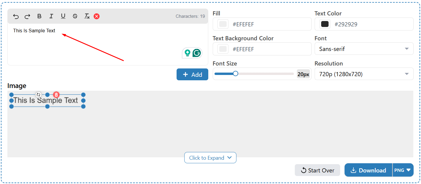 Here's alt text for that image: Short version: "Text to image tool with 'This Is Sample Text' typed into the editor (a red arrow pointing to it) and shown in the image preview below, alongside settings for fill, colors, font, size (20px), and resolution (720p).