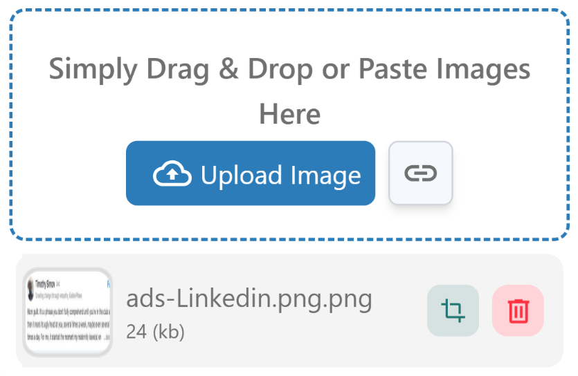 Image to text converter upload area with an 'Upload Image' button and link button, showing an uploaded file 'ads-Linkedin.png.png' (24 KB) with crop and delete icons.