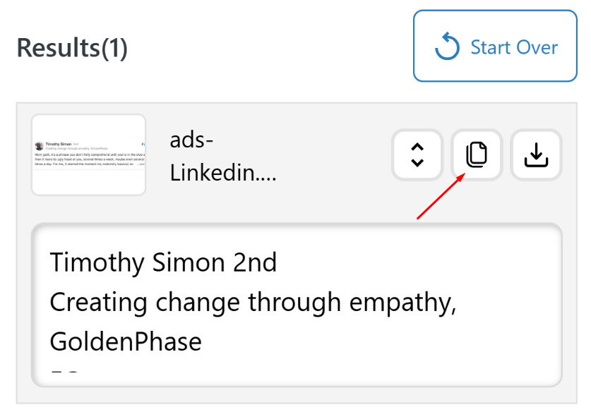 Image to text converter results box showing extracted text from the LinkedIn post, with a red arrow pointing to the Copy icon at the top, alongside a download icon and a 'Start Over' button